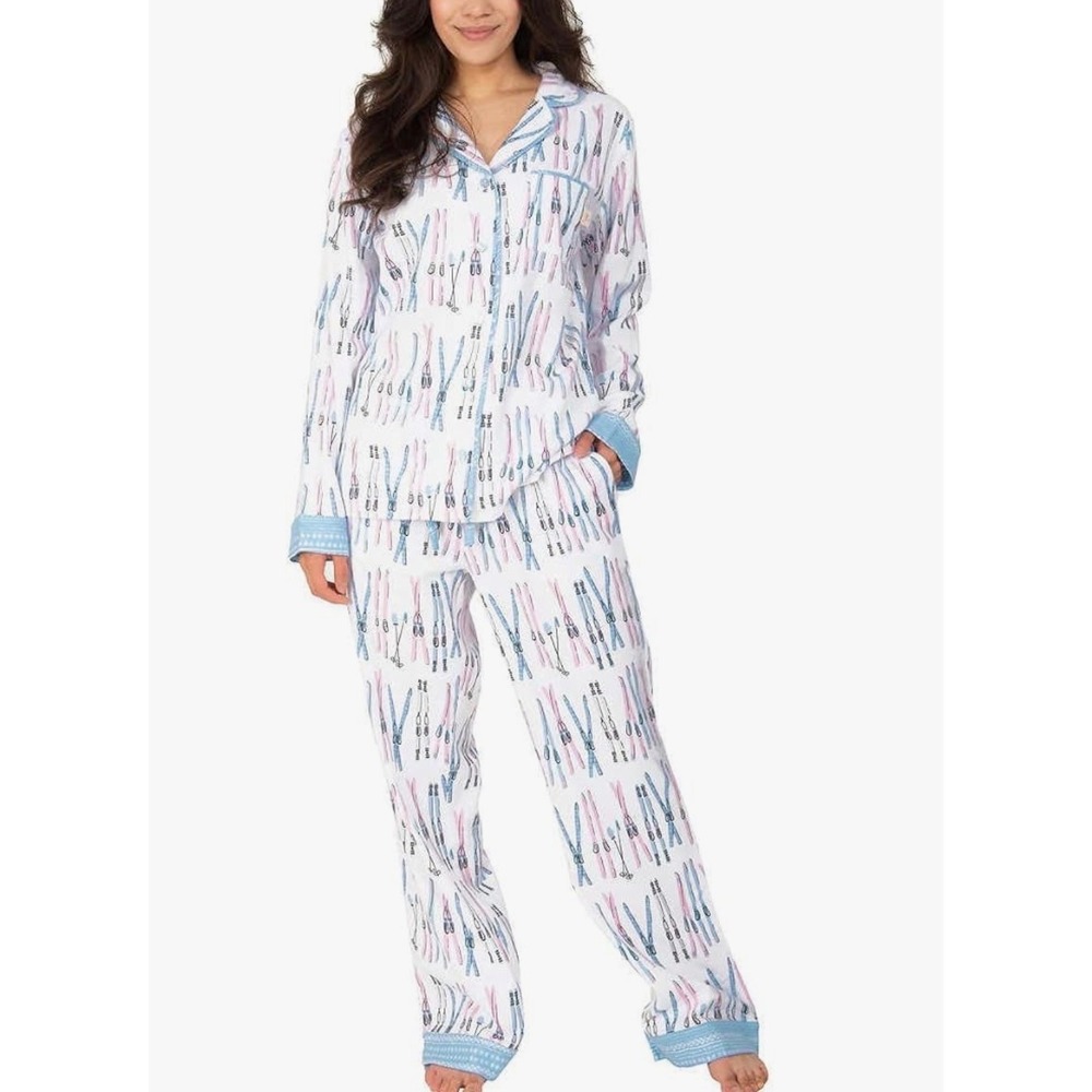 Munki Munki Pajama Set Ski Print Womens L White Blue Winter Lodge Whimsical